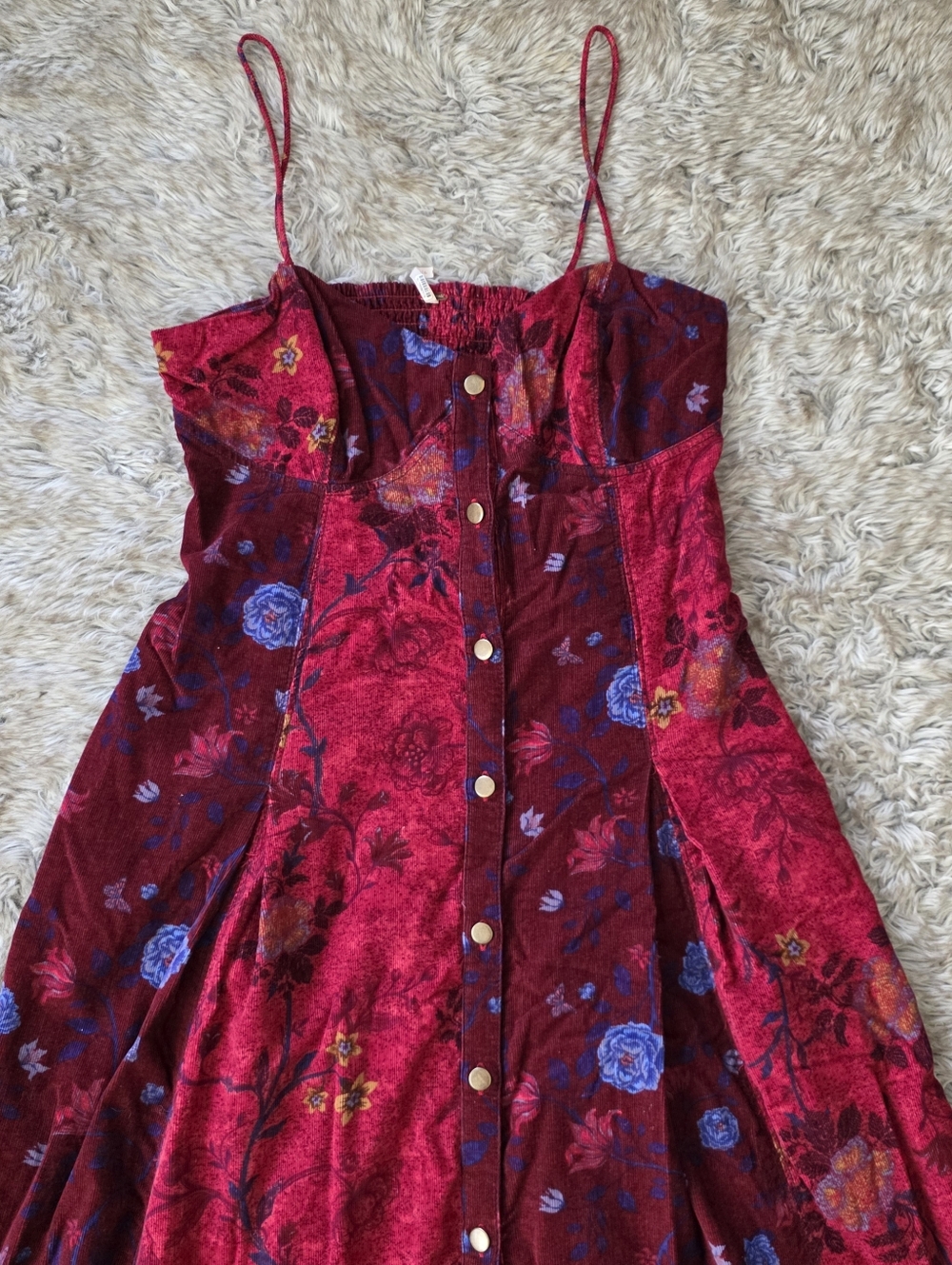 Free People Gail Midi‎ Dress Scarlet Combo Colorblocked Floral Corduroy - Picture 7 of 16